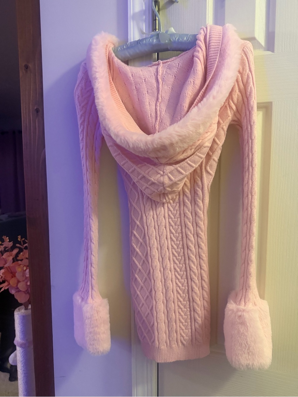 Fashion Nova Pale Pink Cable-Knit Mini Dress with Faux Fur Trim